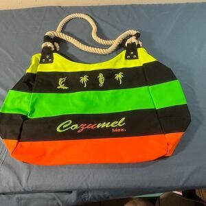 Cozumel Mexico Beach Tote Bag Neon Stripes Rope Handles